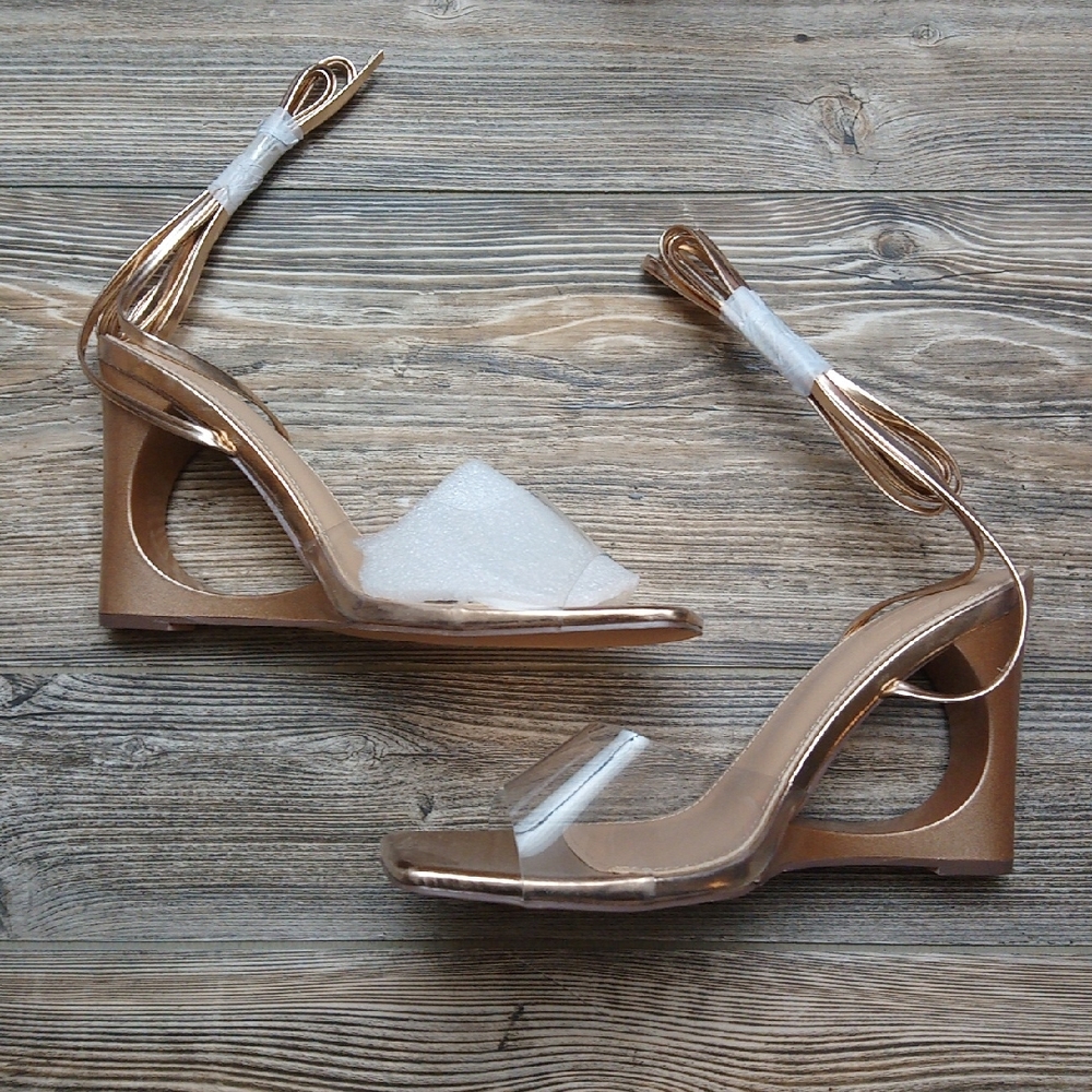 Cuccoo Champagne Clear Strap Wrap Ankle Cut Out Sqaure Toe Wedge Heels